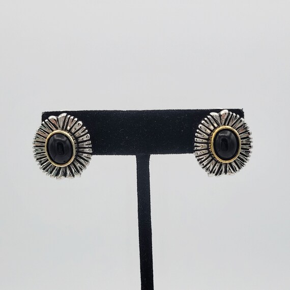 Vintage Two Tone & Black Cabochon Oval Stud Earrings Costume Jewelry Retro Women Statement 3/4" Chrome Enamel Texture Starburst Silver Gold