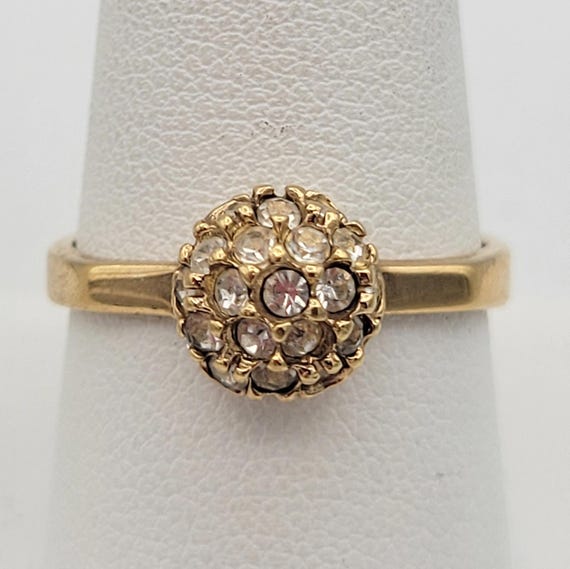 Vintage 1980s Sarah Coventry Hemisphere Hostess Ring Gold Tone & Rhinestones Cocktail Statement Right Hand Costume Jewelry US 8 3/4 Crystal