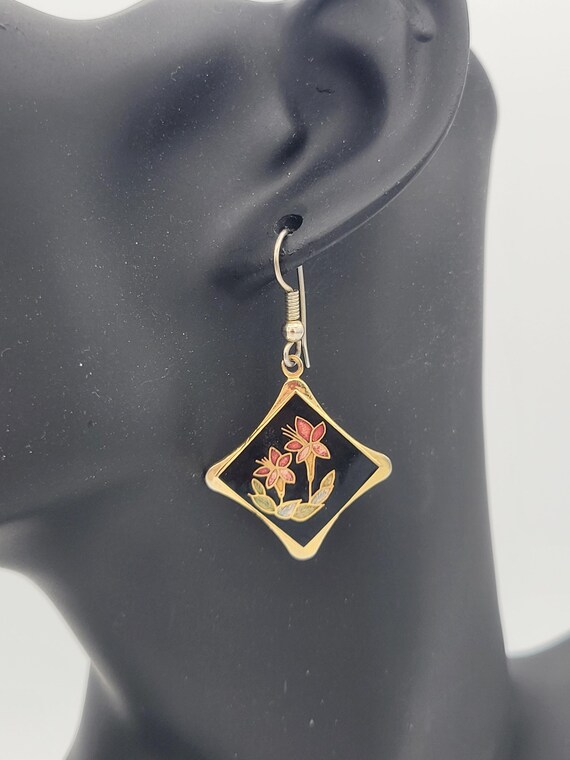 Vintage Gold Tone Cloisonne Enamel Floral Dangle Earrings Costume Jewelry Retro Women Statement Accessories Diamond Black Flower Leaves