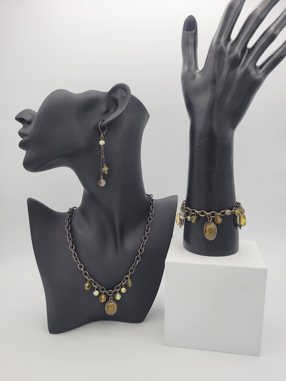 Vintage Cookie Lee Intaglio Cameo Jewelry Set with Matching Necklace, Bracelet & Earrings Costume Jewelry Retro Statement Antique Gold Tone