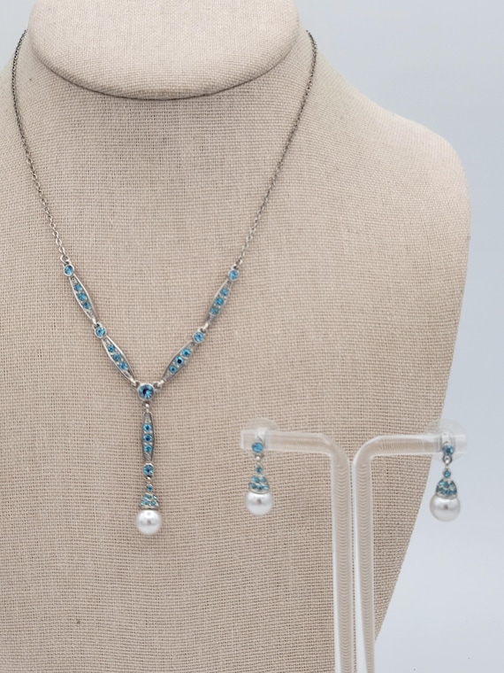 Vintage Art Deco Style Silver Tone Aqua Rhinestone & Faux Pearl Jewelry Set Y Necklace Dangle Earrings Costume Jewelry Retro Statement