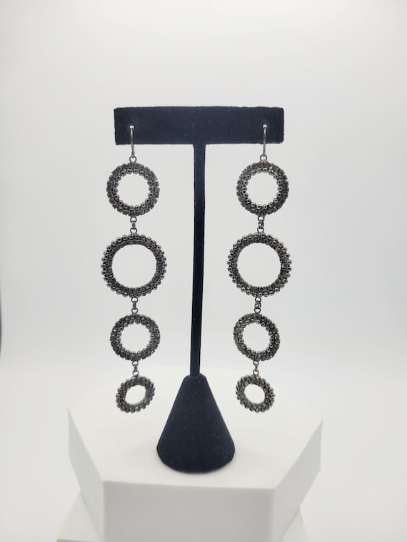 Vintage Long Black Gunmetal Openwork Quadruple Circular Dangle Earrings with Faceted Rhinestones Costume Jewelry Retro Women Statement