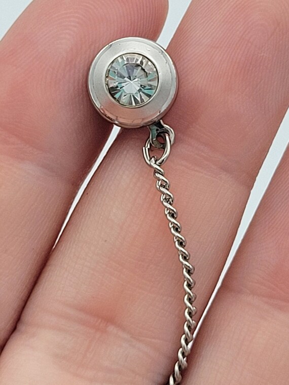 Vintage Brushed Silver Tone Tie Tack with Faceted Clear Rhinestone Costume Jewelry Suit Men's Accessories Geometric 3/8" Diameter Colorless