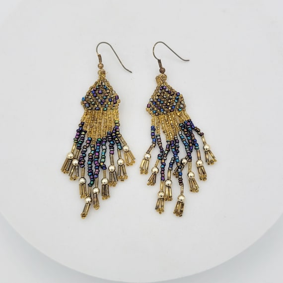 Vintage Yellow, Blue & Purple Beaded Chandelier Dangle Earrings Retro Women Accessories Statement Costume Jewelry Bohemian 3 5/8" Beads