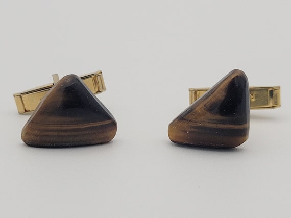 Vintage 1950s Gold Tone & Tiger's Eye Triangle Shaped Men's Cuff Links Costume Suit Men's Accessories Retro Pat. #2920363 Triangular Brown