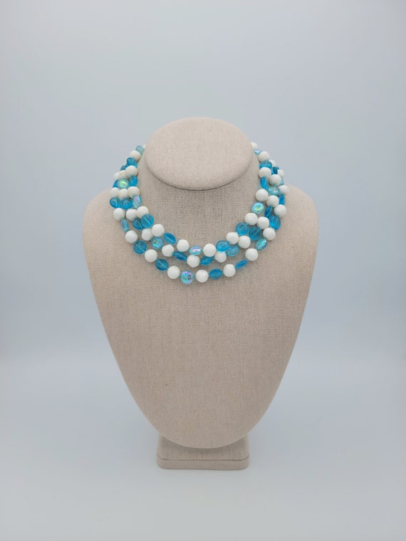 Vintage 1960s Marvella Three Strand Blue & White Beaded Necklace Costume Jewelry Retro Statement Women Accessories Iridescent Silver Tone