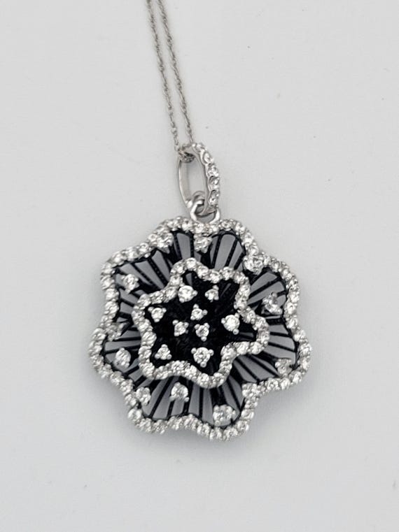 Vintage .925 Sterling Silver & Cubic Zirconia Floral Pendant Necklace Fine Costume Jewelry Retro Women Accent Rope Chain Flower Encrusted