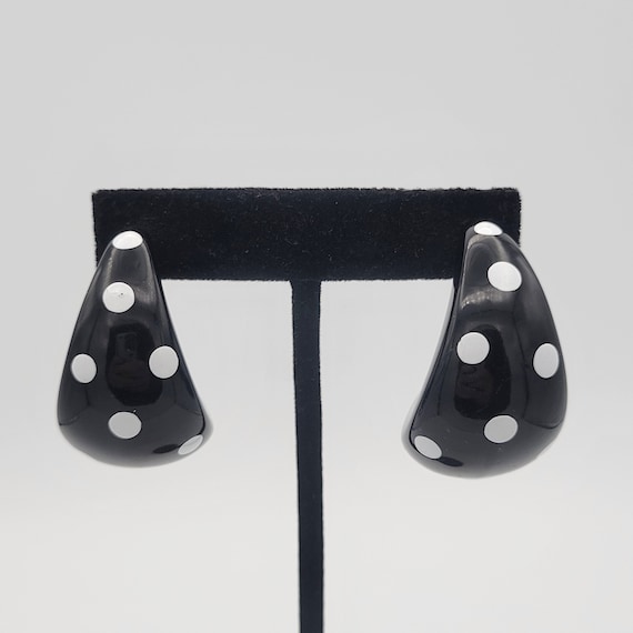 Vintage 1980s Oversize Black Teardrop Half Circle Loop Earrings with White Polka Dots Costume Jewelry Retro Women Statement Chunky Thick