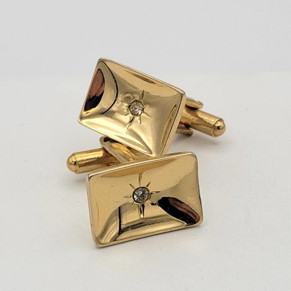 Vintage 1960s Gold Tone Concave Rectangle Cuff Links with Atomic Starbursts & Rhinestones Costume Jewelry Suit Men's Accessories Formal Wear