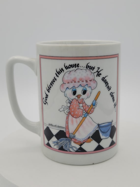1995 Gretchen Clasby Cedar Hill Studio Owl Mug "God Blesses This House...but He Doesn't Clean It" White Ceramic Owl with Mop & Apron Retro