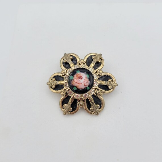 Vintage 1950s Gold Tone Guilloche Rose & Rhinestone Floral Shaped Brooch Costume Jewelry Retro Women Statement Pink Enamel Art Nouveau Style