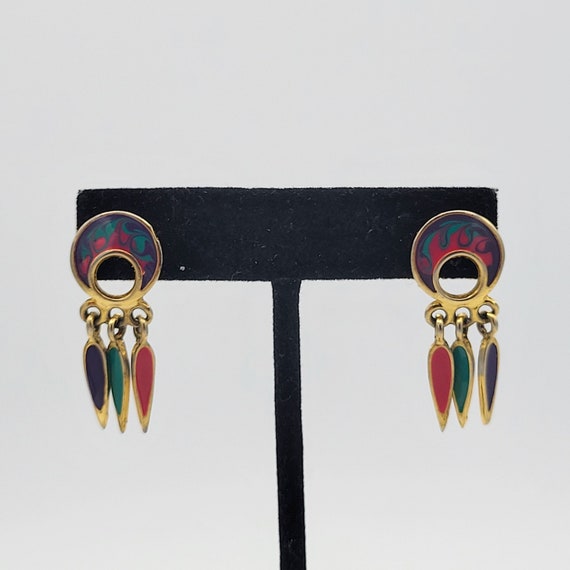 Vintage Small Gold Tone Southwestern Style Chandelier Earrings with Teal, Purple & Hot Pink Enamel Costume Jewelry Retro Women Swirl Circle