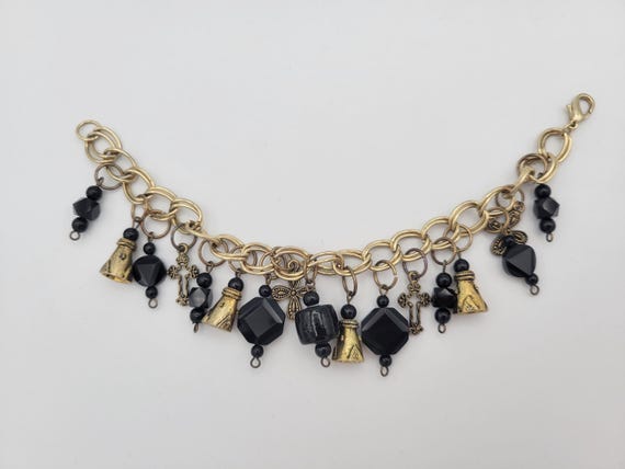 Vintage Gold Tone Double Curb Chain Charm Bracelet with Black Beads, Bells & Crosses Costume Jewelry Retro Statement Women Accent 8" Long