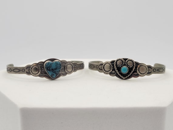 Vintage Bell Trading Post Nickel Silver & Turquoise Heart Cuff Bracelets Accent Costume Jewelry Retro Statement Children Baby Girls