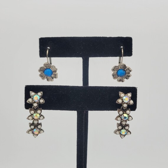 Two Pairs of Vintage Silver Tone Floral Drop & Dangle Earrings Costume Jewelry Retro Women Statement Accent Iridescent Flowers Blue Cabochon