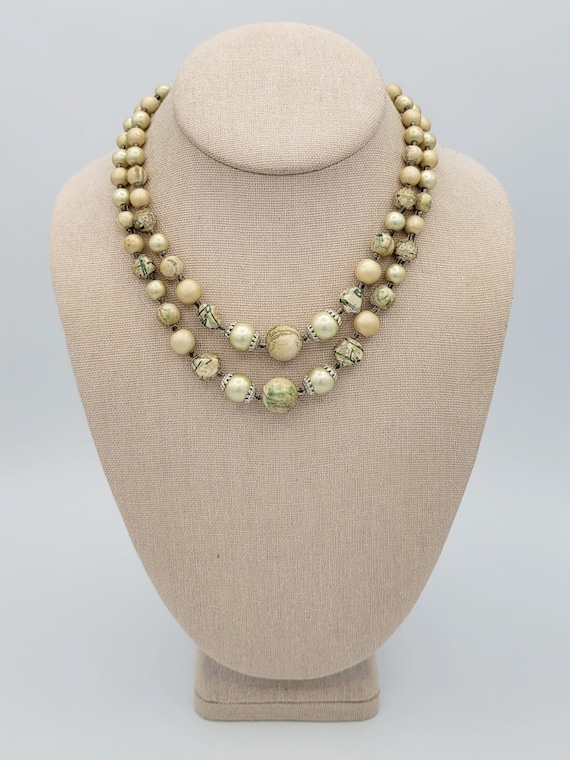 Vintage 1960s Japan Two Strand Faux Pearl Beaded Necklace with Green Accents & Hook Clasp Costume Jewelry Retro Statement Double Ivory Swirl