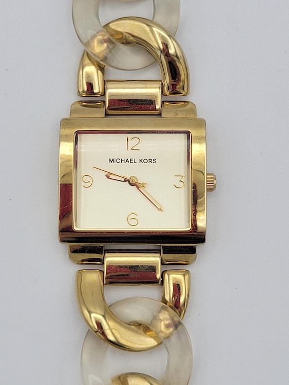 Michael Kors MK-4139 Gold Tone & Clear Plastic Curb Chain Band Rectangular Ladies Watch Costume Jewelry Women Statement 31 mm WR 5 ATM