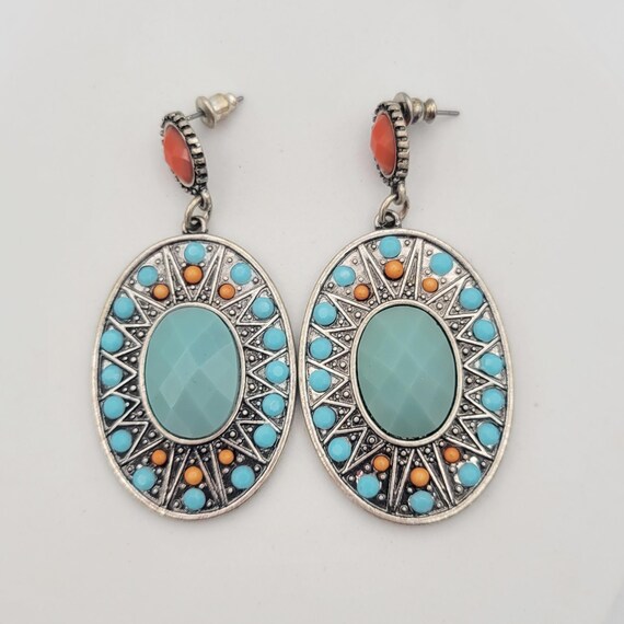 Vintage Silver Tone Bohemian Dangle Earrings with Aqua, Orange & Green Stones Costume Jewelry Retro Women Statement Oversize Southwestern