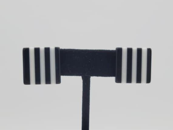 Vintage 1980s Black & White Striped Plastic Geometric Earrings Costume Jewelry Retro Women Accessories Pin Statement Chunky Lines Square
