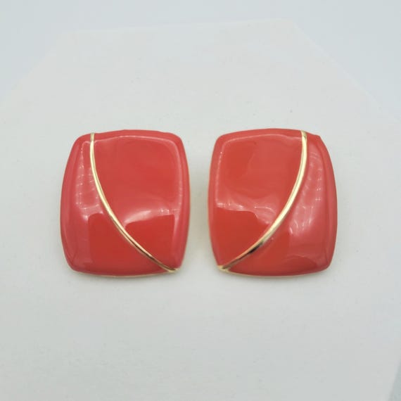 Vintage 1990s Oversize Gold Tone & Coral Enamel Rectangular Geometric Stud Earrings Costume Jewelry Women Statement Retro 1 1/4"