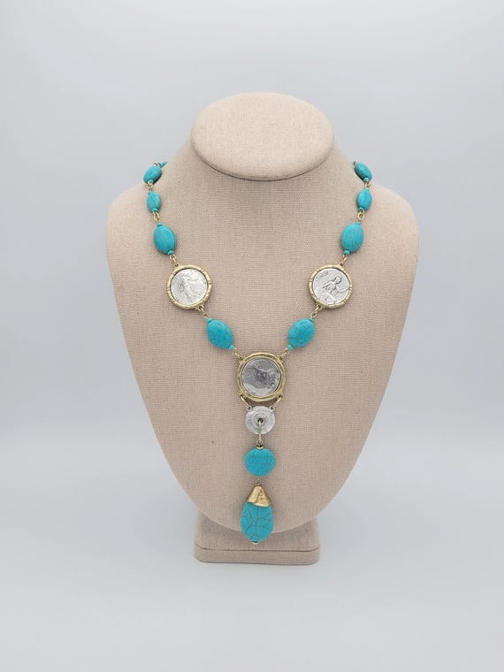 Vintage Chico's Isabella Faux Turquoise & Coin Gold Tone Y Necklace Lariat Costume Jewelry Retro Statement Women Adjustable Chunky