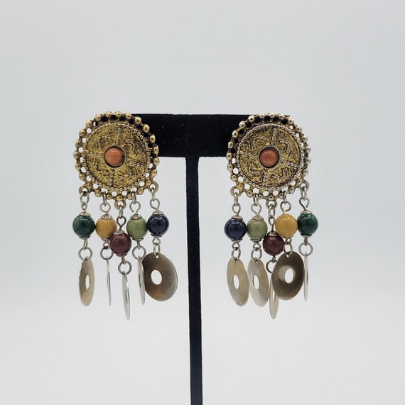 Vintage Gold Tone Bohemian Style Chandelier Earrings with Earth Tone Beads Costume Jewelry Retro Women Statement Brass Dangles Discs Coin
