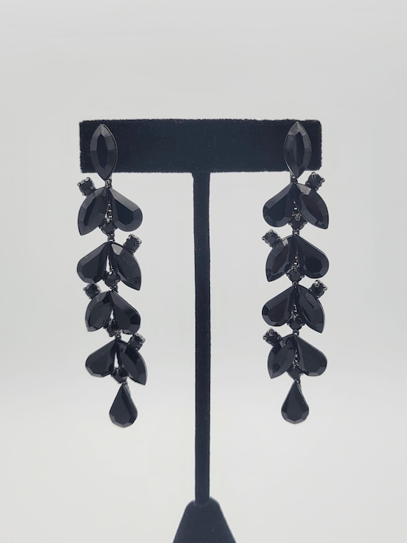 Vintage Black Gunmetal & Black Rhinestone Encrusted Drop Dangle Earrings Costume Jewelry Women Statement Retro 3 5/8" Long Marquise Pear