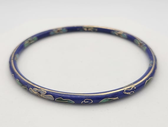 Vintage 1970s Cloisonne Enamel Cobalt Blue Single Bangle Bracelet Costume Jewelry Floral Flowers Gold Tone Chinese China Pink Green Leaves