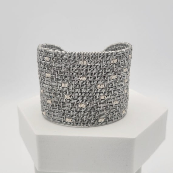 Vintage Gray & White Plastic Coated Wire Woven Cuff Bracelet Costume Jewelry Retro Statement Women Thick 2 1/8" Wide Chunky Rigid Lines