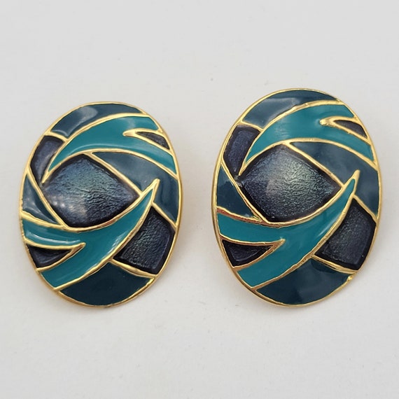 Vintage 1980s Oversize Gold Tone & Teal Enamel Oval Shaped Stud Earrings Costume Jewelry Retro Women Statement Green Blue 1.5" Geometric