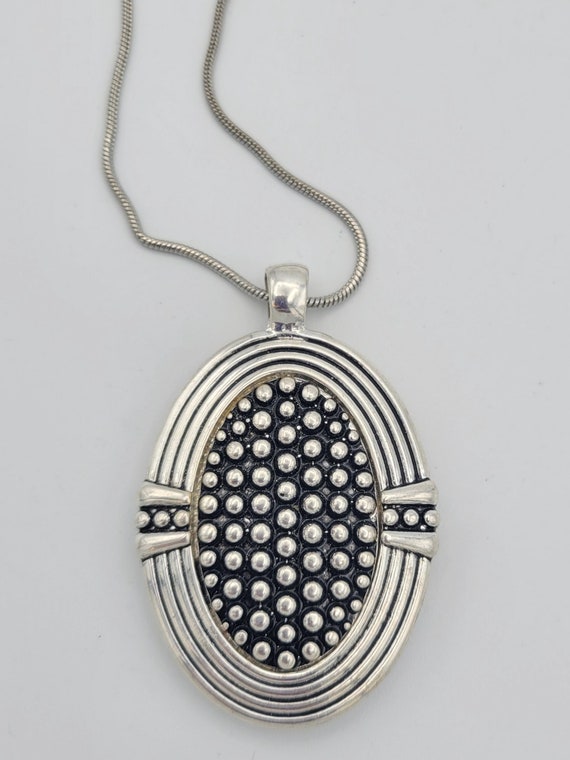 Vintage Heavy Oversize Silver Tone Oval Reversible Textured Pendant & 29" Snake Chain Necklace Costume Jewelry Retro Women Statement Chunky