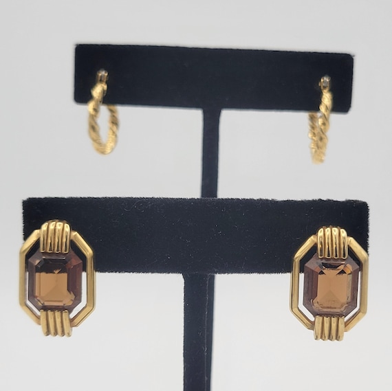 Two Pairs of Vintage Gold Tone Metallic Earrings Hoops & Faux Topaz Costume Jewelry Statement Accessories Women Silver Tone Emerald Cut
