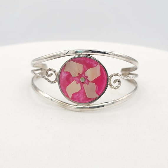 Vintage Alpaca, Mexico Silver Tone Openwork Cuff Bracelet with Abalone Shell Costume Jewelry Retro Statement Women Pink Scroll Flower Floral