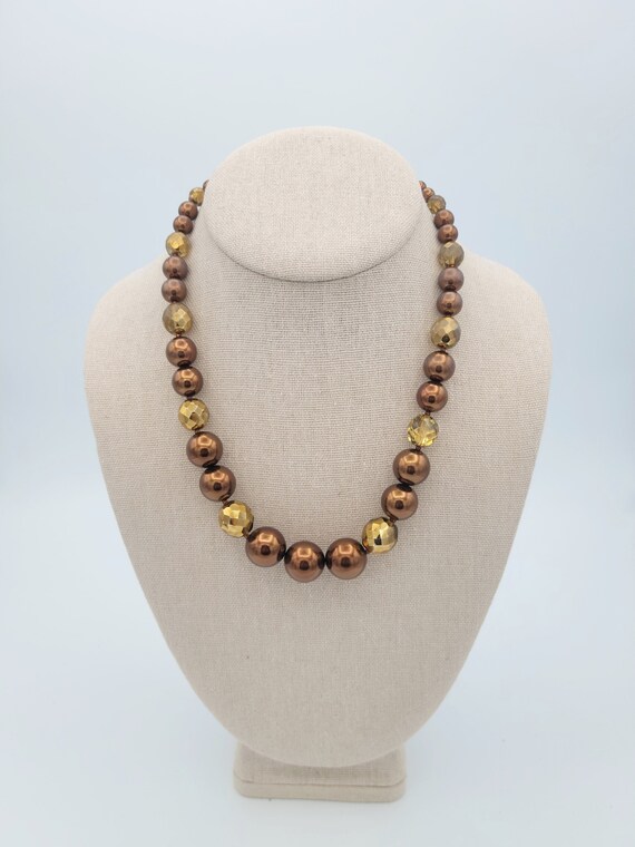 Vintage Copper & Bronze Tone Metal and Plastic Beaded Necklace Costume Jewelry Retro Statement Single Strand Gold Tone Round Sphere Gradient