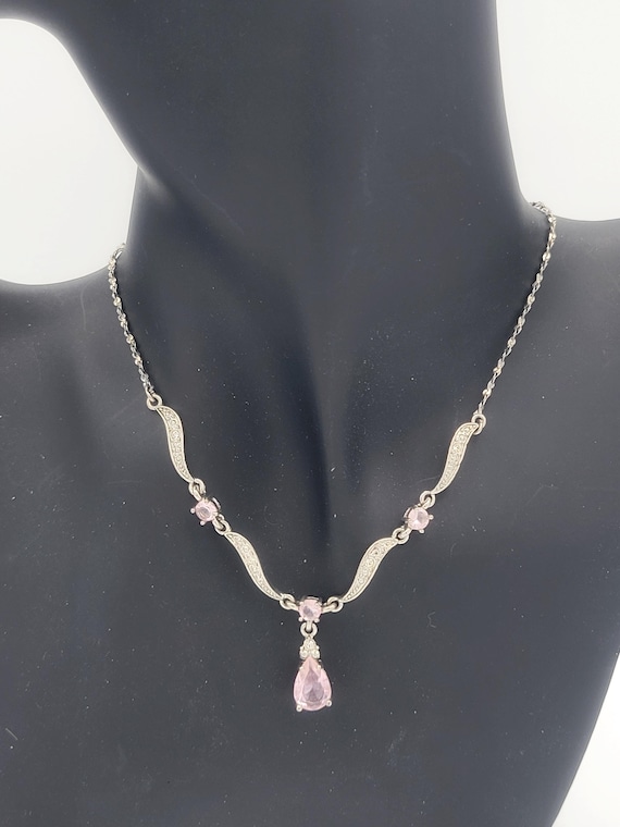 Vintage Avon Art Nouveau Style Silver Tone & Pink Rhinestone Y Necklace Twisted Rope Chain Costume Jewelry Retro Statement Pear Crystal