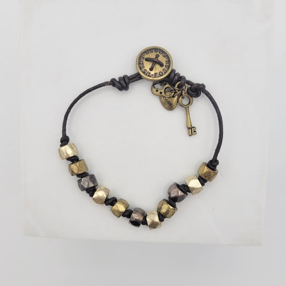 Vintage Fossil Brown Leather Cord & Two Tone Beaded  Bracelet with Button Lock and Key Charms Costume Jewelry Retro Statement Women Gold