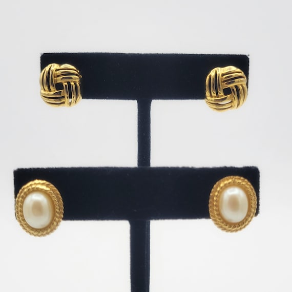 2 Pair of Vintage Gold Tone & Faux Pearl Stud Earrings Small Minimal Square Oval Costume Jewelry Retro Women Statement Rope Openwork