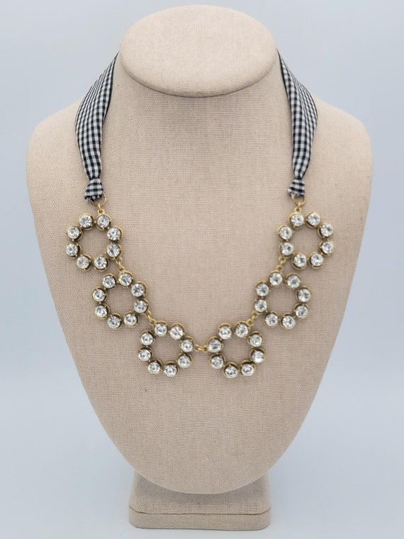 Vintage Ann Taylor Black & White Gingham Checkered Necklace with Gold Tone, Rhinestone Openwork Bib Costume Jewelry Retro Statement Circles