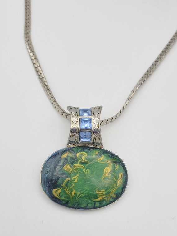 Vintage Silver Tone Herringbone Chain with Blue Green Enamel Oval Pendant & Blue Rhinestones Necklace Costume Jewelry Retro Statement Chrome