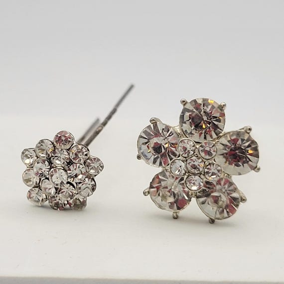 Vintage Set of 2 Rhinestone Encrusted Floral Hair Pins Costume Jewelry Statement Retro Formal Headpiece Piece Wedding Wire Flexible