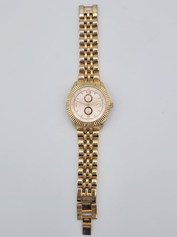 Vintage Rose Gold & Gold Tone Ladies Bracelet Watch Costume Jewelry Women Statement 40 mm 7 3/4" Band Faux Chronographs Textured Unbranded
