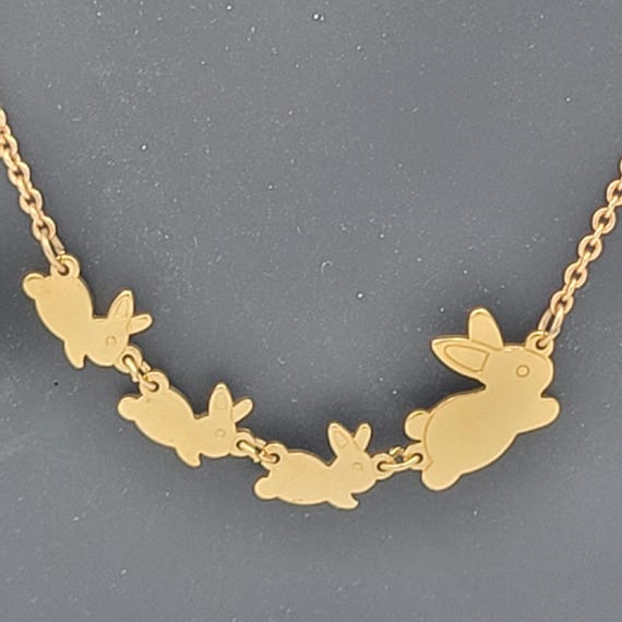 Vintage 1980s Avon Bunny Family Gold Tone Cable Chain Necklace Rabbit Charms Costume Jewelry Retro Girls Choker 15" Easter Child Children