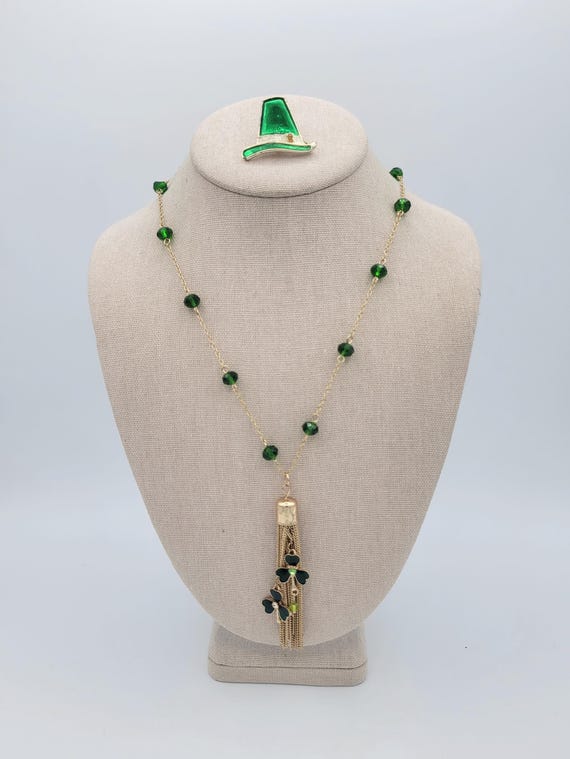 Vintage St. Patrick's Day Tassel Necklace & Brooch Jewelry Set Beatrix Green Shamrocks Costume Jewelry Women Statement Retro Long