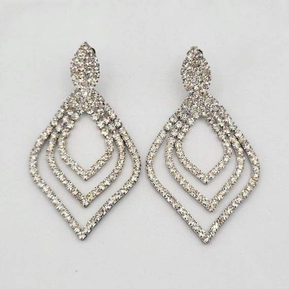 Vintage Silver Tone Rhinestone Encrusted Openwork Triple Teardrop Dangle Earrings Costume Jewelry Retro Women Statement Geometric Pear