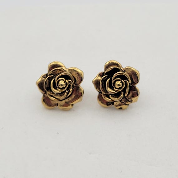 Vintage Gold Tone & Black Enamel Rose Stud Earrings Costume Jewelry Statement Accessories Women Accent Flowers Floral Petals Small Minimal