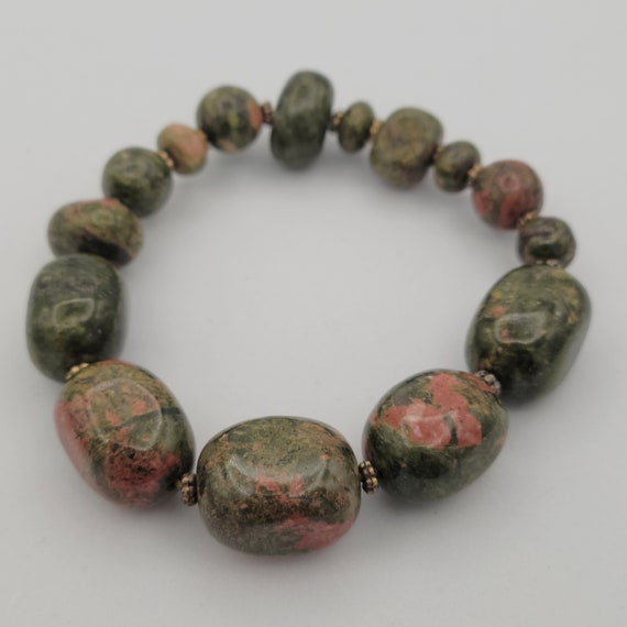 Vintage Genuine Jasper Beaded Stretch Bracelet Bangle Costume Jewelry Retro Statement Women Adjustable Beads Minerals Green Red Gradient