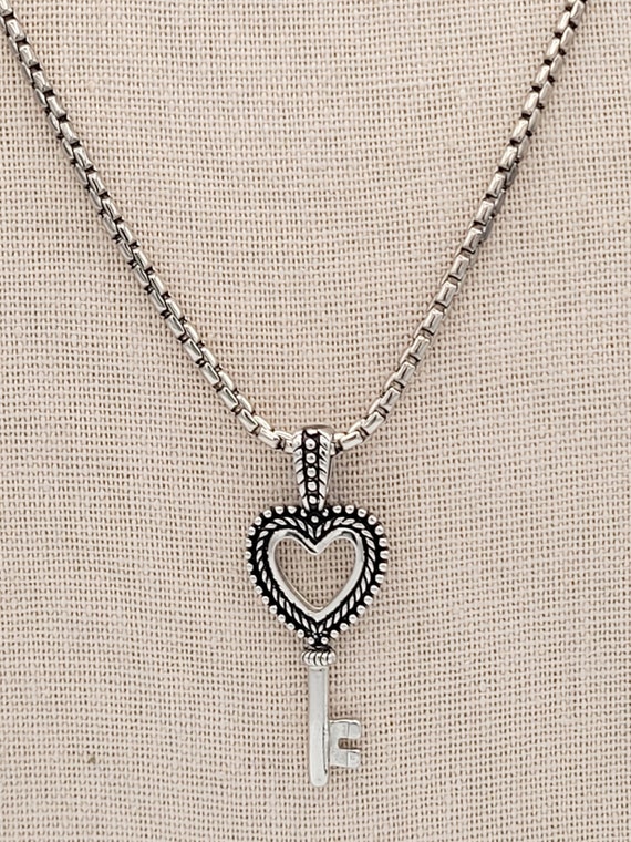Vintage Silver Tone Heart Shaped Key Pendant with Box Chain Necklace Costume Jewelry Retro Statement Women Accessories Love Adjustable
