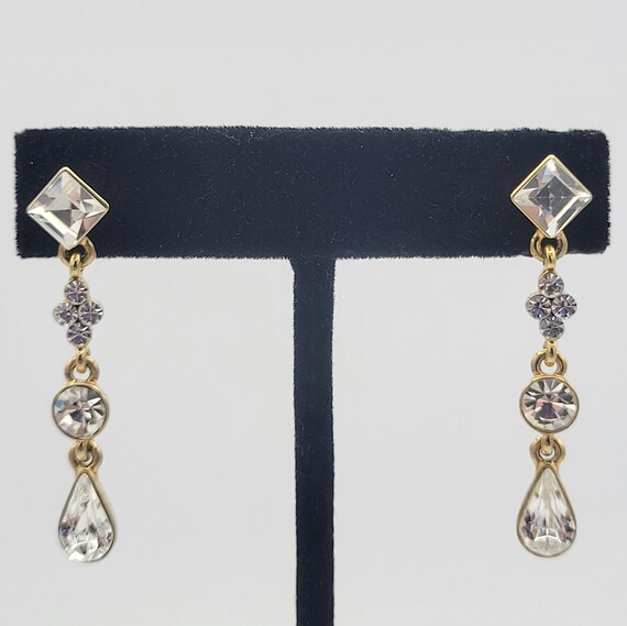 Vintage Gold Tone Princess, Round & Pear Shaped Rhinestone Dangle Earrings Costume Jewelry Retro Women Statement Openwork Long 1 3/4" Square