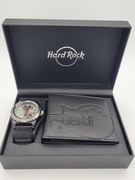 NEW Hard Rock Men's Black Watch Set in Presentation Box, Watch & Wallet Costume Jewelry Retro Statement Timepiece Quartz Leather Guitar