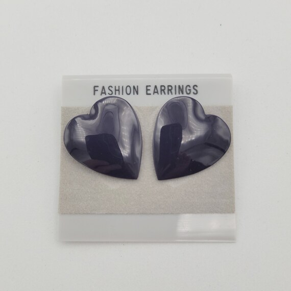 Vintage NEW 1980s Steel Heart Shaped Stud Earrings with Dark Purple Enamel Costume Jewelry Retro Statement Women Studs Small Thin Light